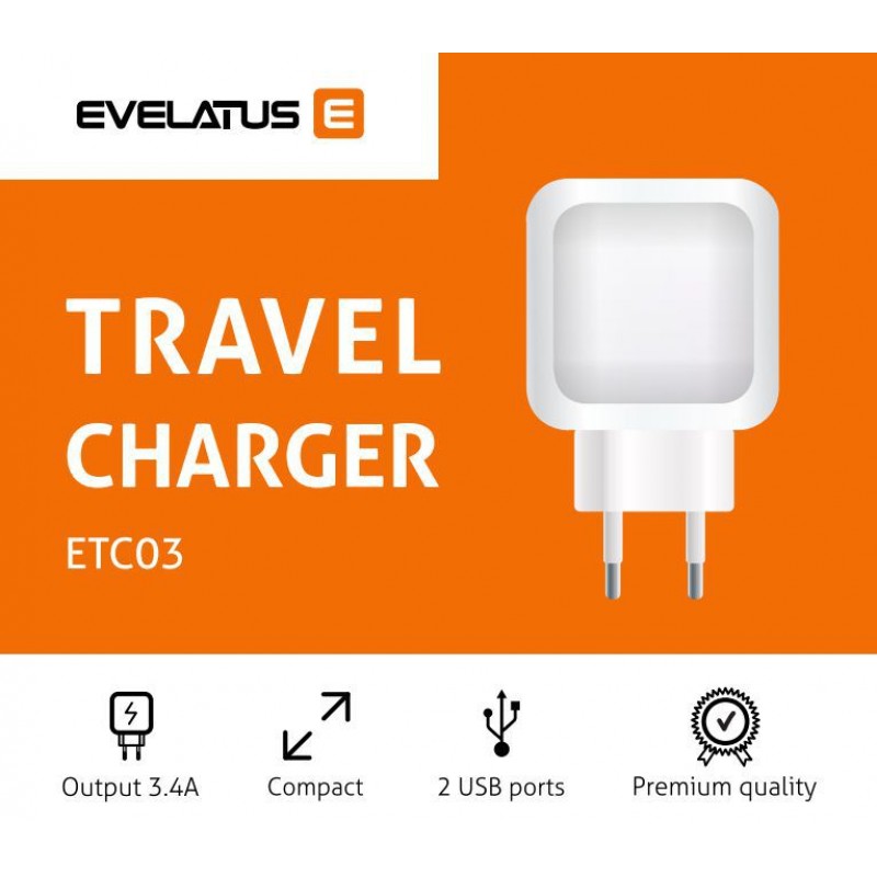 Adaptador de Carga Evelatus 2x USB 3.4A ETC03 Preto Adaptador de Carga Evelatus 2x USB 3.4A ETC03 Preto