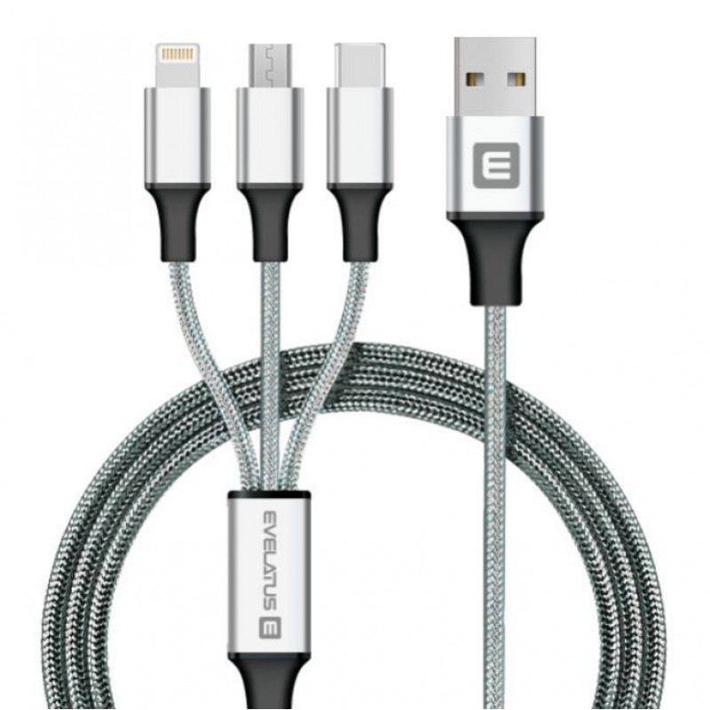 Cabo Dados USB Evelatus 3 em 1 (Lightning, Type-C, Micro USB) LTM01 Silver