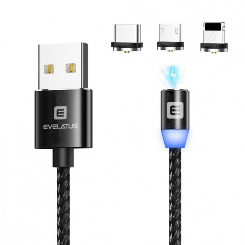 Cabo Dados USB Evelatus 3 em 1 Magnético (Lightning, Type-C, Micro USB ) LTM02 Black Cabo Dados USB Evelatus 3 em 1 Magnético (Lightning, Type-C, Micro USB ) LTM02 Black