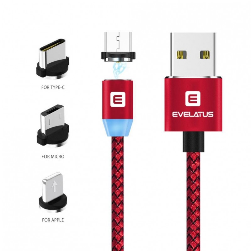 Cabo Dados USB Evelatus 3 em 1 Magnético (Lightning, Type-C, Micro USB ) LTM02 Red